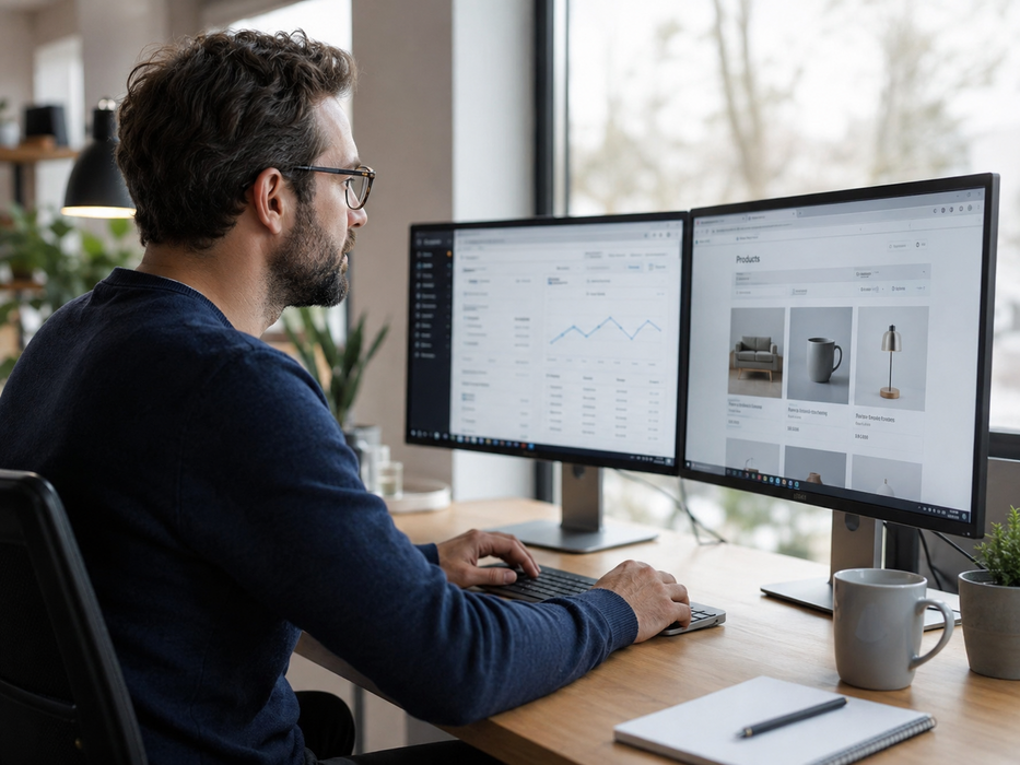Man werkt aan productdata op meerdere schermen