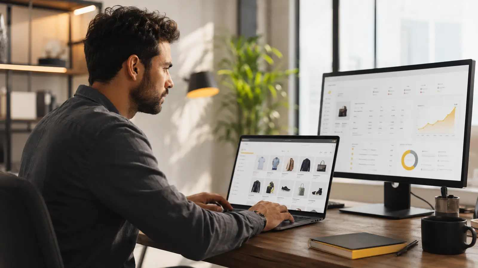 Mannelijke ondernemer bekijkt een webshop en productdata