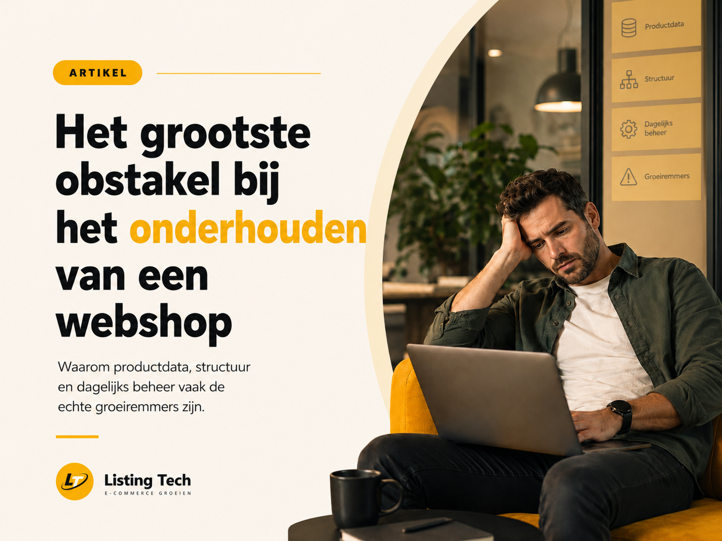 Man achter laptop bij artikel over webshoponderhoud