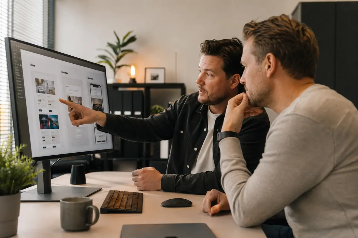 Twee mannen bespreken de structuur van een webshop